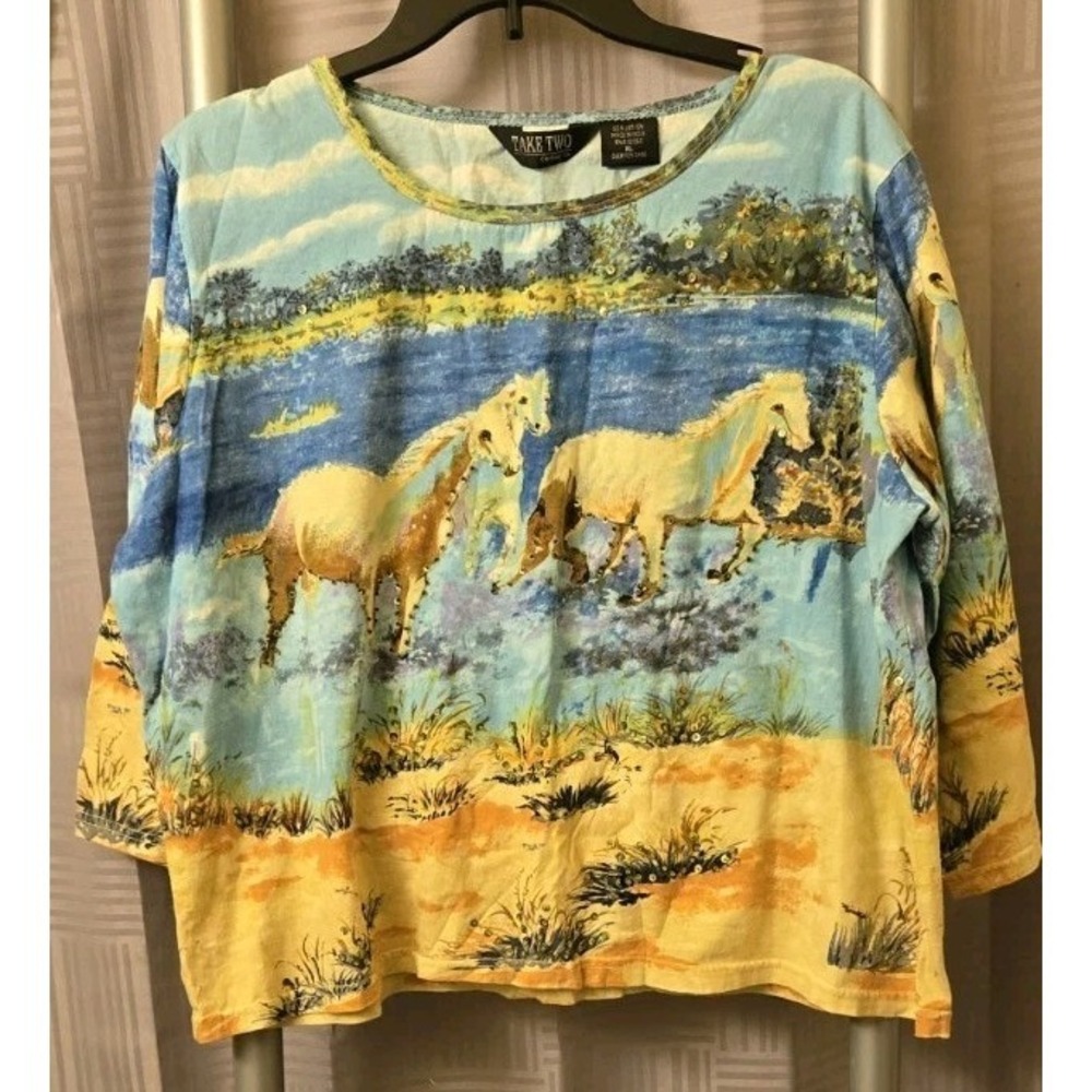Take Two Clothing Co Shirt Womens XLarge‎ Blue Horses Desert Embellished Beaded